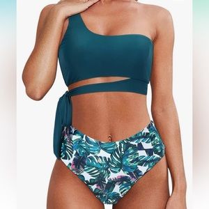 Tropical Print One Shoulder High Waisted Bikin